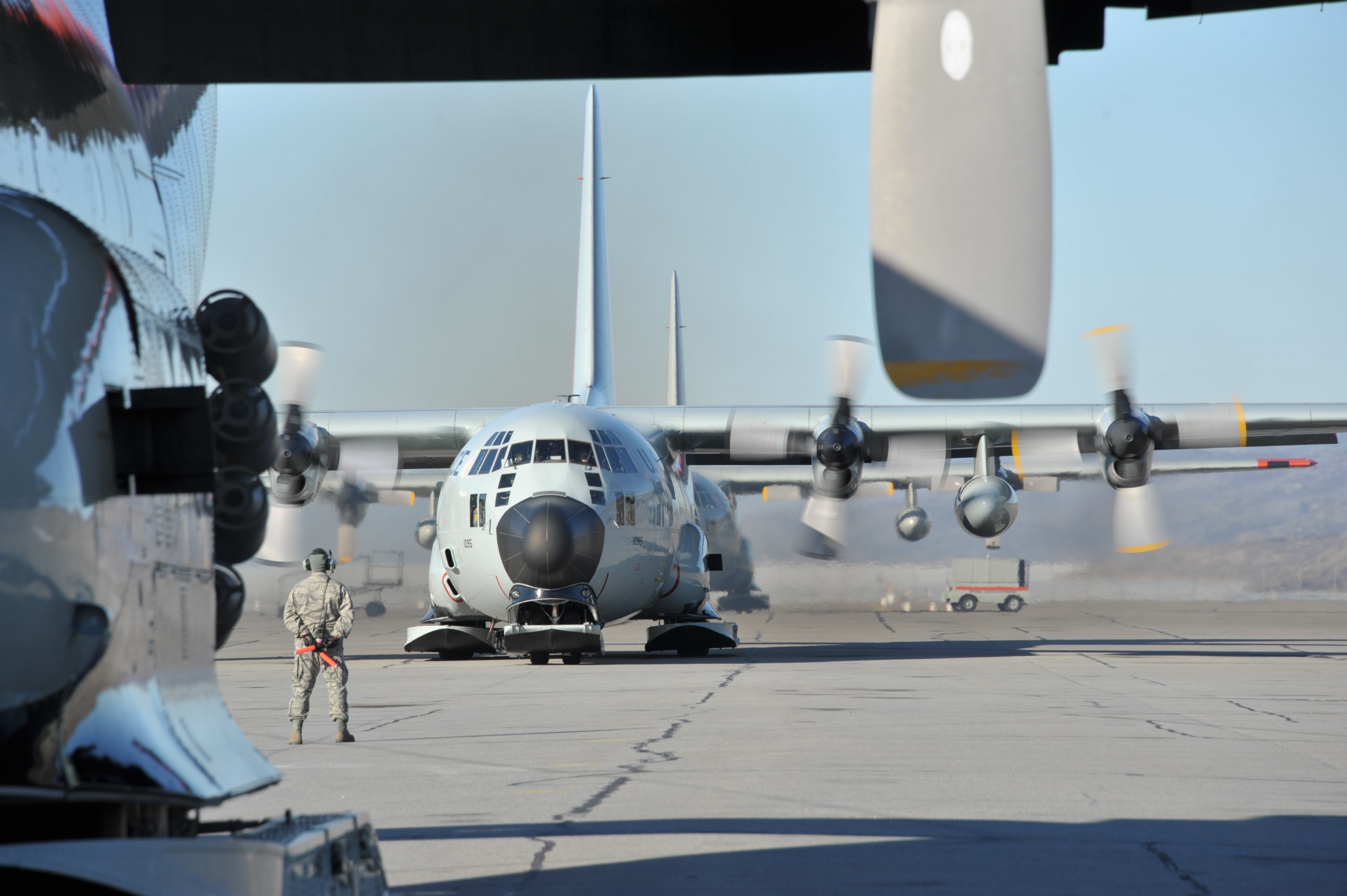 Ski-equipped LC-130 Hercules getting ready for take-off in Kangerlussuaq airport.