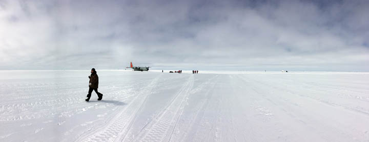 New people arriving into camp - the LC-130 is parked on the skiway.